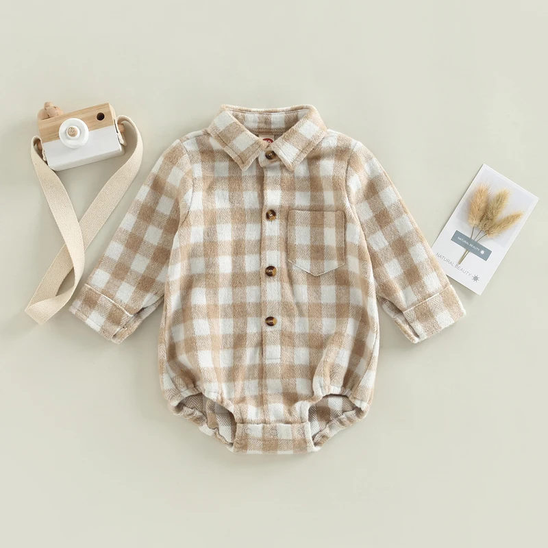 Baby Boy Girl Flannel Plaid Shirt Romper Long Sleeve Lapel Button Down Bodysuit Oversized Tops Fall Winter Clothes