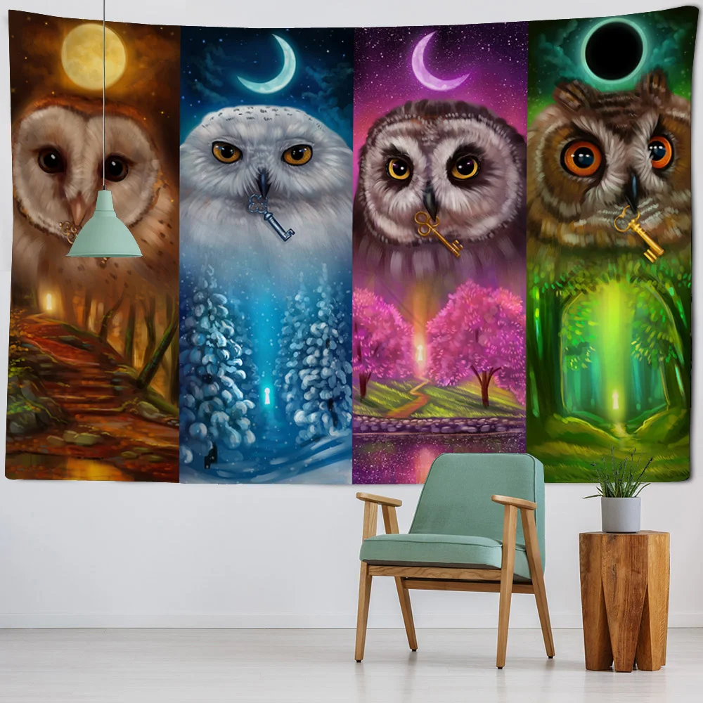 Owl wall tapestry printing process hippie sun moon bohemian mandala art bedroom aesthetic decoration cartoon wall decoration