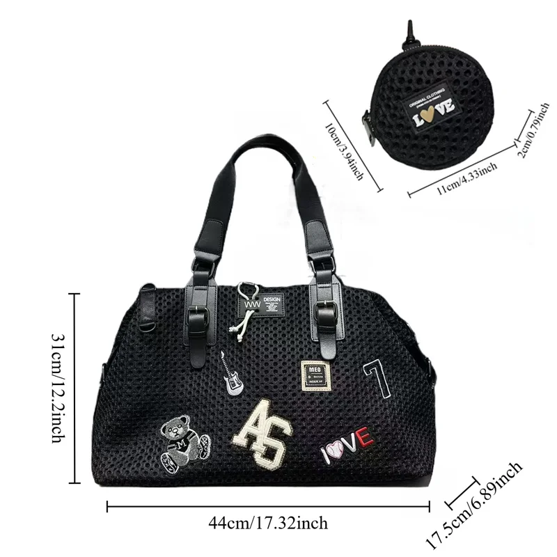 Women's fashionable carry on coin purse shoulder bag, large capacity, patch travel bag with teddy bear print