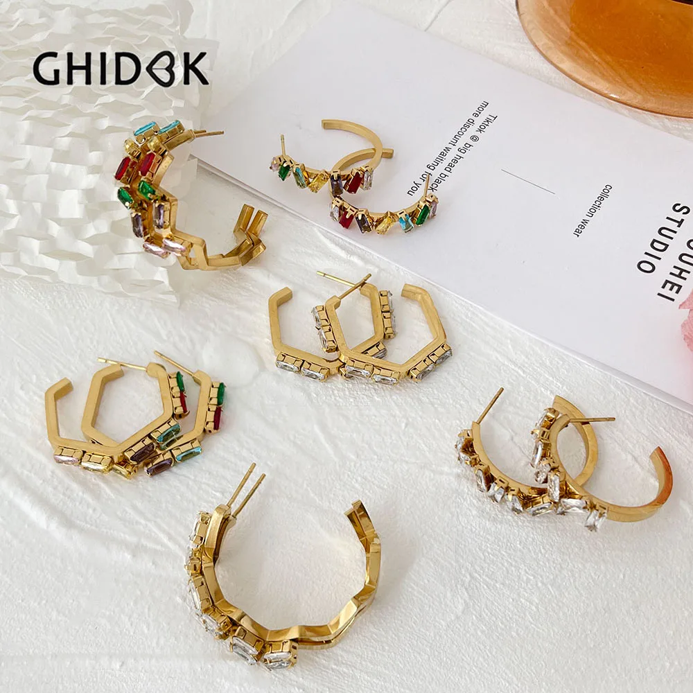 Ghidbk Dainty Rainbow Baguette Cz Zircon Hoop Earrings Women Stainless Steel Gold Pvd Plated Crystal Jewelry Christmas Gift