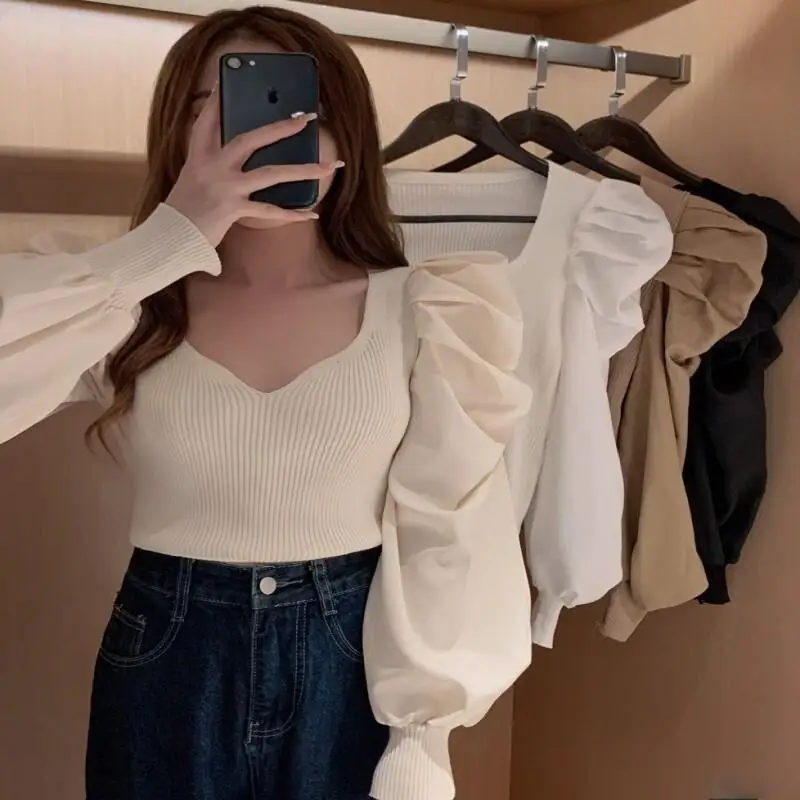 

Осень-зима 2022, новый корейский стиль, дизайн Sense, пуловер, студенческая повседневная женская одежда с героями мультфильмов, облегающая одежда с рукавами принцессы