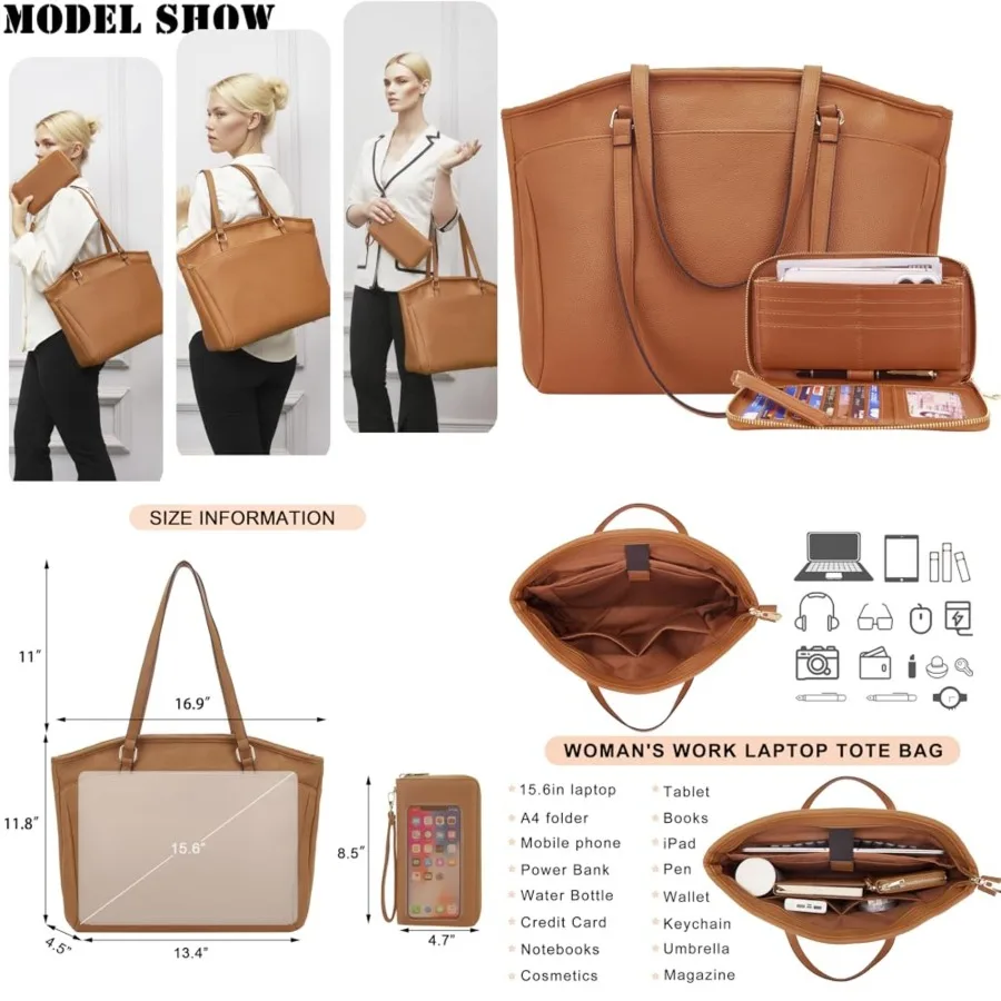 15.6 Inch Laptop Tote Bag for Women, Lightweight Water-resistant Vegan Leather with Padded Sleeve Multi-Pocket Work Bag
