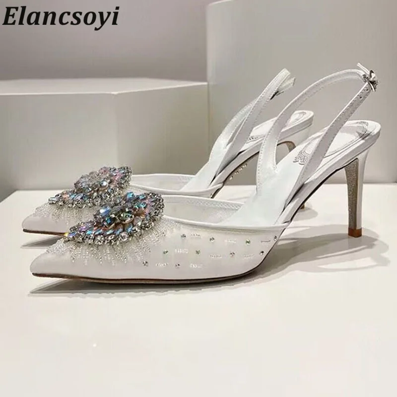 Banquet Shoes Summer Pointed Toe Fashion High Heels Sandals Women Mesh Rhinestone Decor Thin Heels Back Strap Sandalias