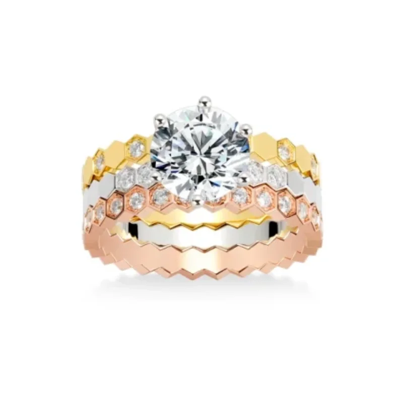 Bellux 925 Silver K Gold Plated Synthetic Zircon Ring Three Color Honeycomb Multi Layer Rings