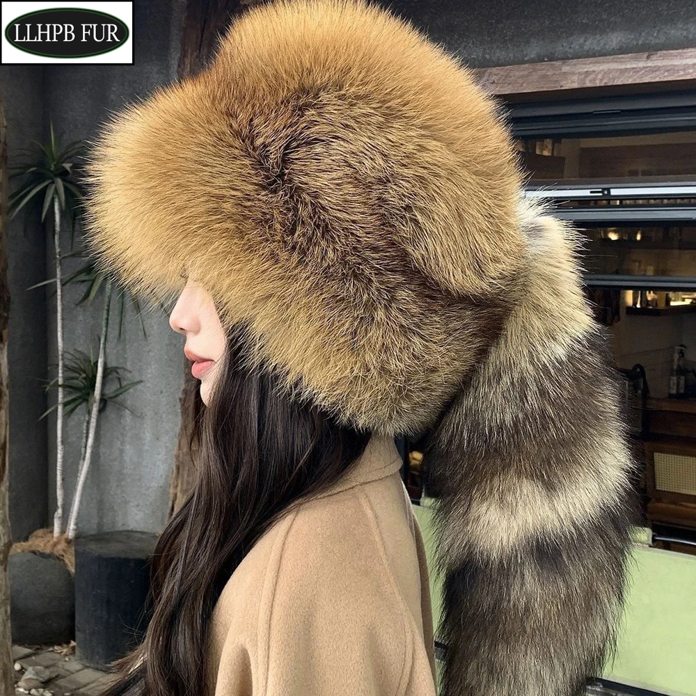 Winter Women Fashion Real Fur Hat Natural Fox Fur Hats Headgear Russian Outdoor Cap Ladies Thicken Warm Fur Caps