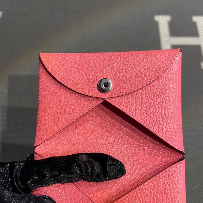 Genuine Goat Leather Key Coin Document Pouch Button Clasp Wallet Lipstick Powder Small Functional Bag Short Wallet