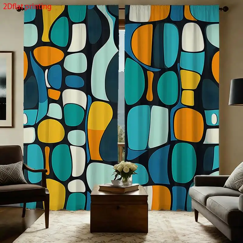 Retro Geometric Curtains, Abstract Colorful Block Print Window Drapes, Mid-Century Modern Living Room Decor, Blackout Fabric
