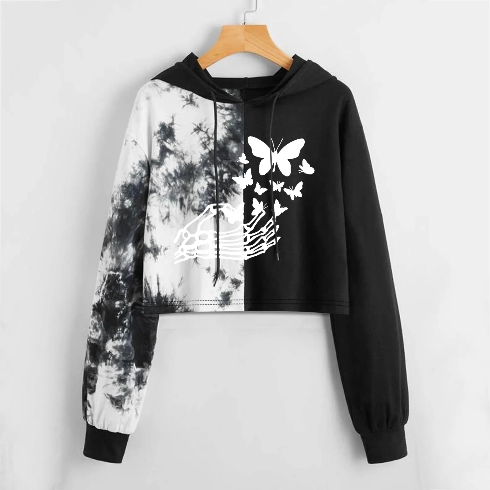 

Women's Gothic Style Long Sleeve Pullover Tops Skeleton Print Letter Graphic Tie Dye Drop Shoulder Sleeve Drawstring Hoodies