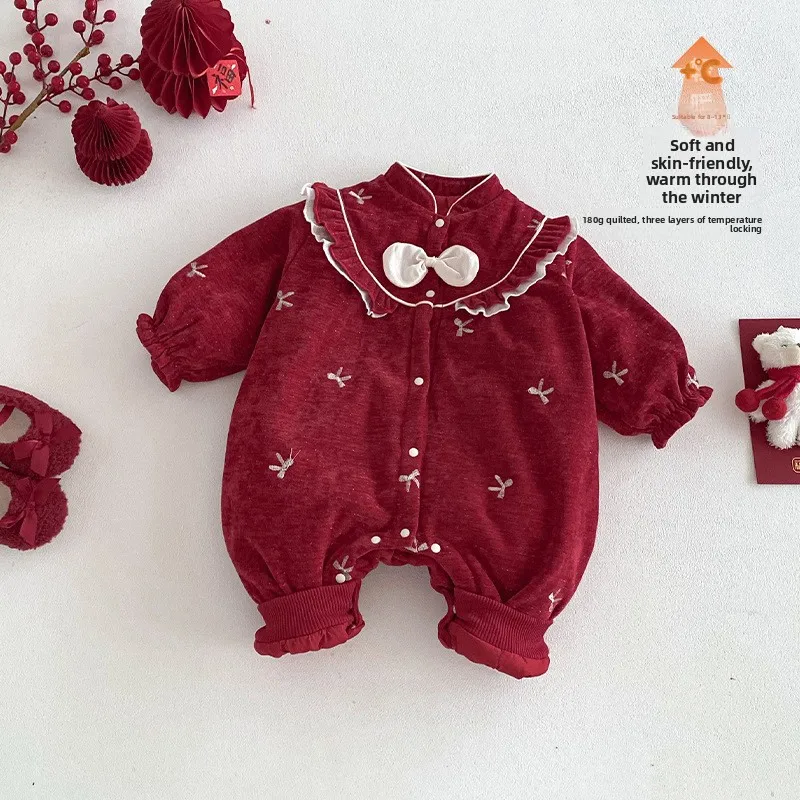 2025 New Winter Baby One-Year-Old New Year's Outfit for Girls: Super Cute Ribbon Fluffy Crawling Suit for Newborns