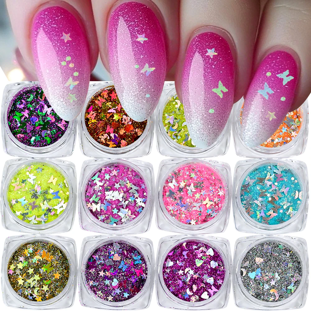 12 Pz/set Farfalla/Cuore/Stella Frammenti Cielo Stellato Polvere Unghie Artistiche Paillettes Brillanti Ultra-sottili Glitter Per Unghie FAI DA TE Decorazioni Per Unghie