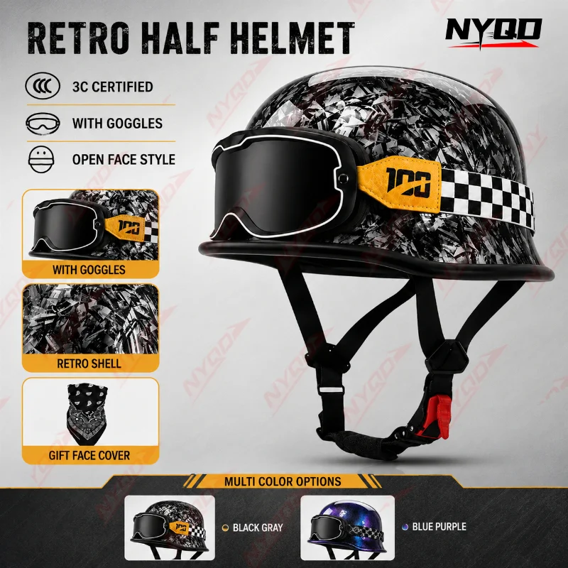Retro Half Motorcycle Helmet 3C Certified Lightweight Breathable Durable Cruiser Riding Unisex Summer Ventilated