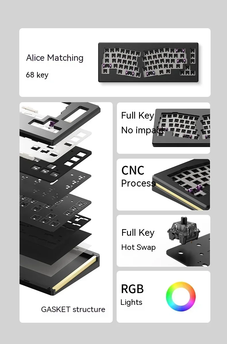 Imagem -06 - Alice Kit Teclado Gaming Mecânica Liga de Alumínio Dinâmico Rgb Hot Swap Junta Ergonomia Teclado Personalizado Gamer Monsgeek-m6