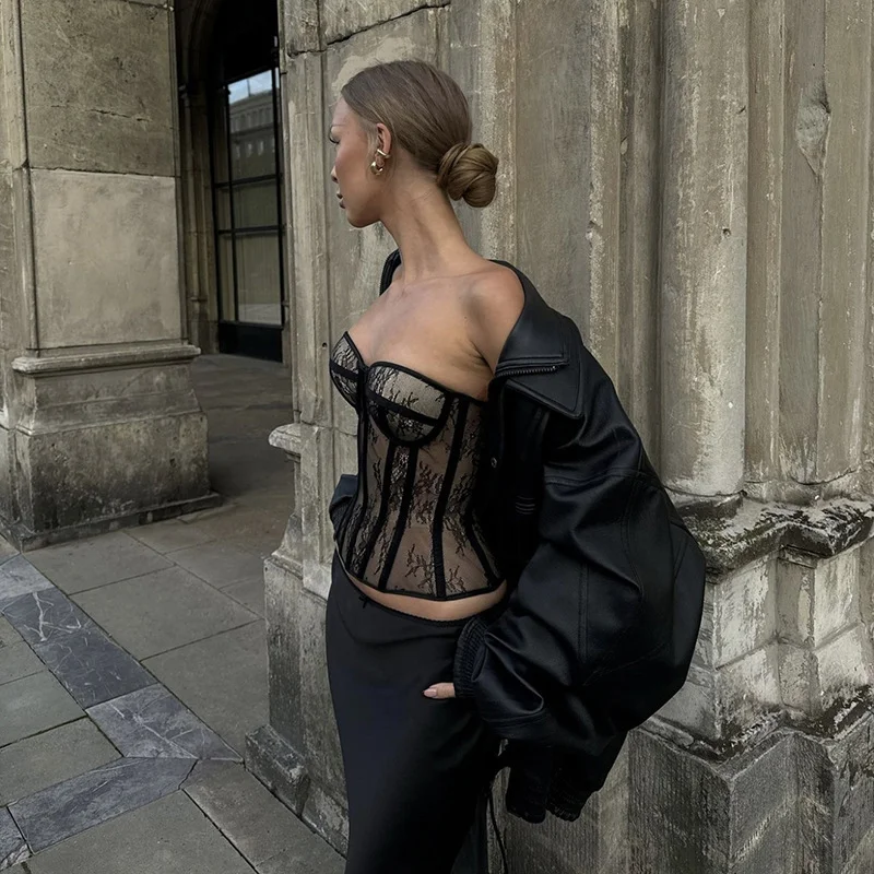 MAE 2026 New Steel Bone Korset Woman Hollow Out Strapless Lace Bra Bustier Top Mesh Women Lingerie Black White Biege Corset