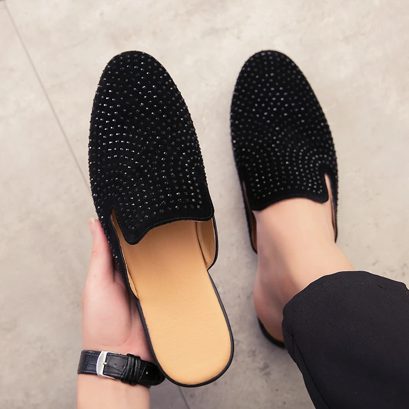 Luxury Glitter Rhinestone Leather Shoes Men Designer Outerwear Half Mules Casual Slides Slippers Sandals Male Fashion Mocassins