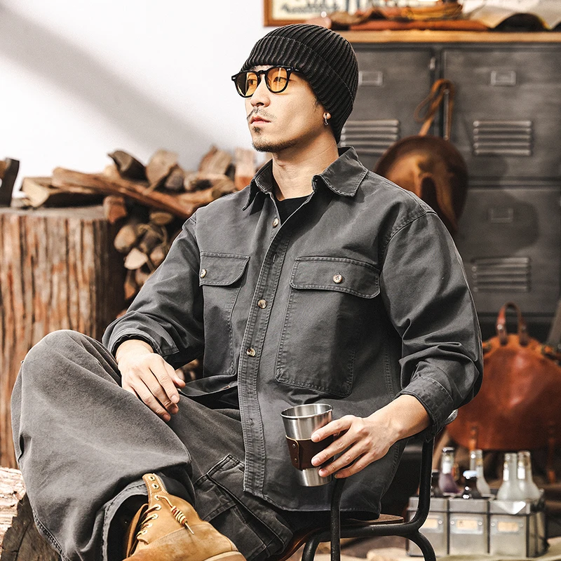 

Men's Spring and Autumn's new work shirt, American retro pure cotton long-sleeved shirt, trendy coat