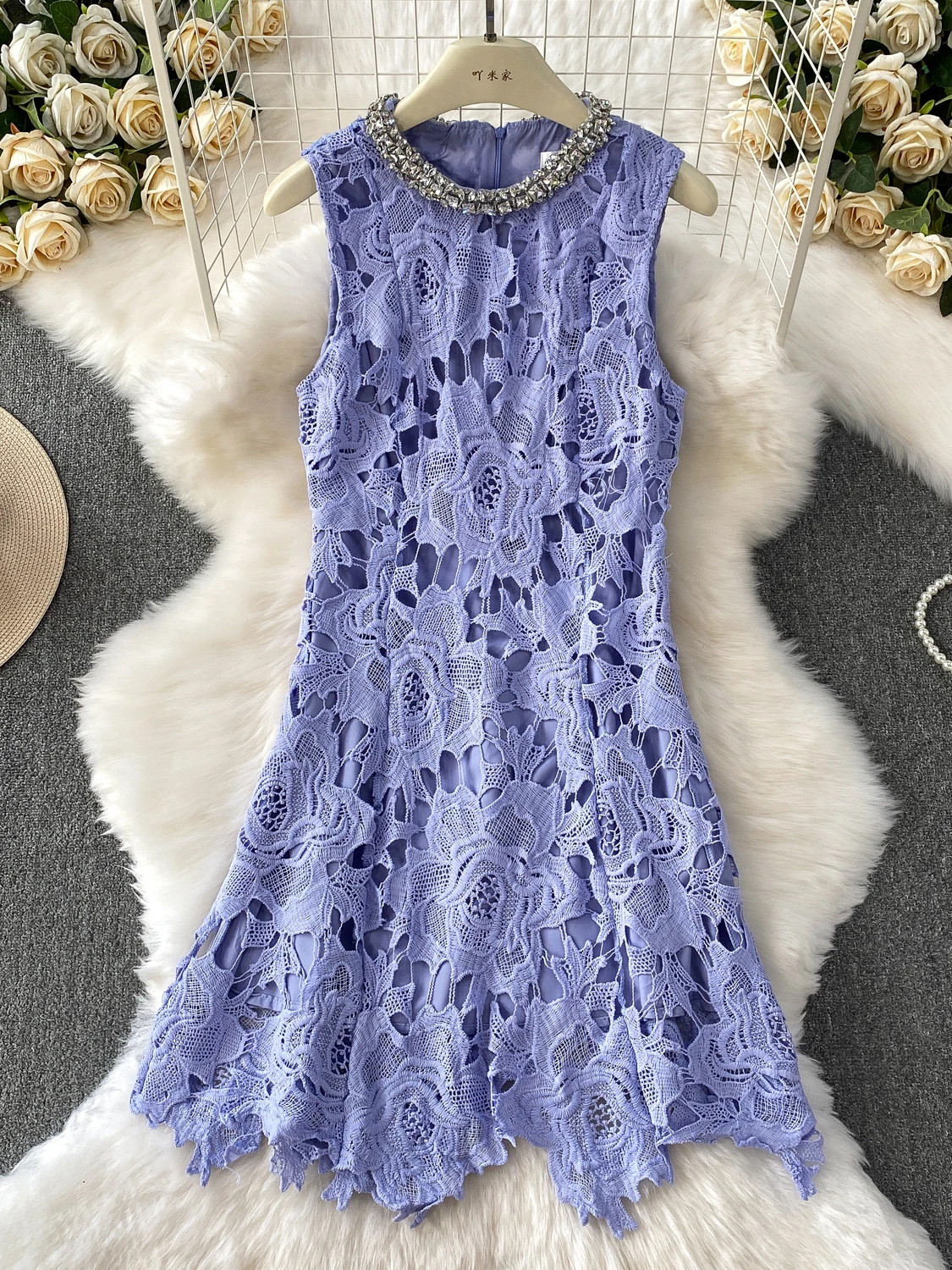 

Ele Diamond Embellied Soluble Lace Svel Mid-Length Dr Women's Faion Hollow out Neline High Waist A-Line Skirt