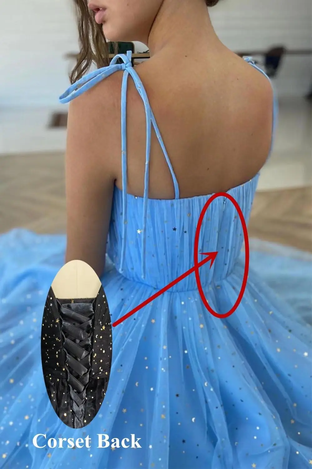 Vestidos de baile de tule estrelado brilhante feminino, alça espaguete, comprimento do chá, espartilho formal, vestidos de festa de noite femininos elegantes