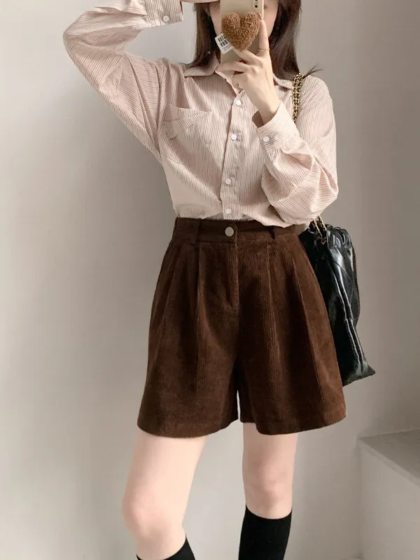 

Ретро повседневный вельветовый комплект orts, женский комплект с высокой талией кофейного цвета, осенняя свободная женская одежда с прямыми штанинами