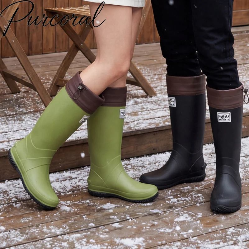 Purcoral 2026 Foldable Drawstring Tall Rain Boots Lightweight Waterproof Rubber Wading Shoes Non‑Slip Portable Outdoor Boots