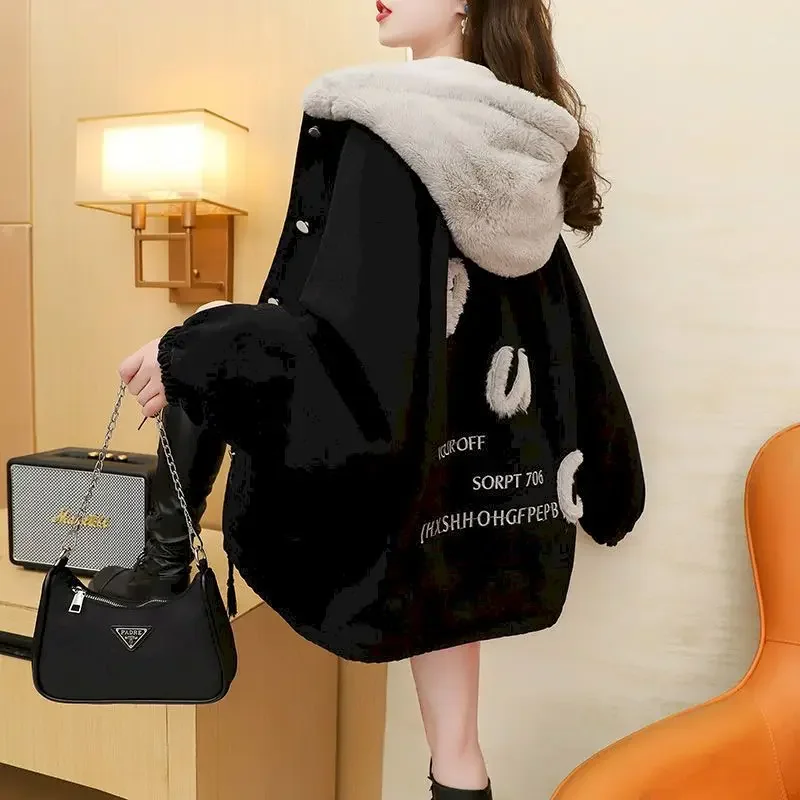 

Plush Thicken Hooded Denim Coats Women Autumn Winter Trendy Cardigan Hooded Jackets Casual Loose Warm Hoodie Y2k Gothic Clothes