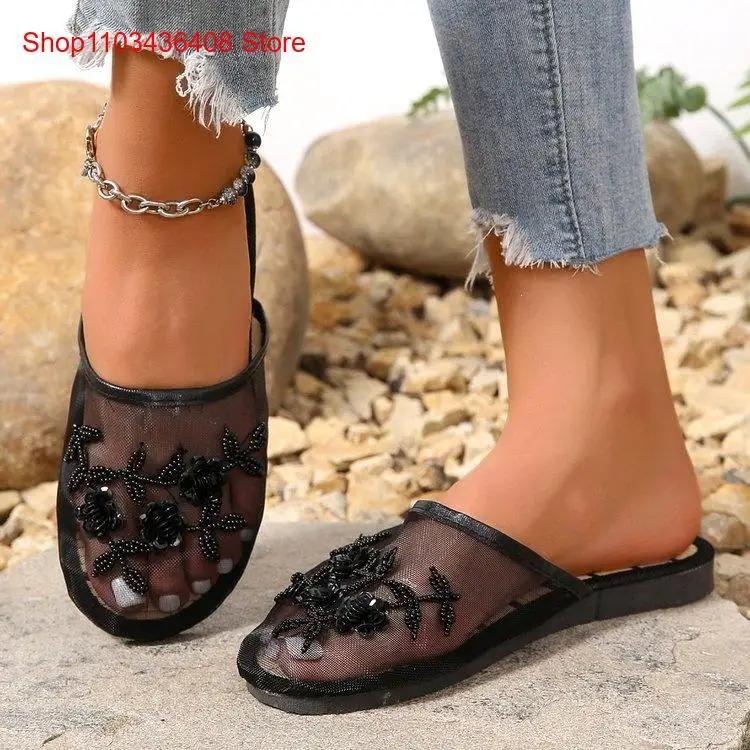 Mesh Breathable Embroider Sequin Flower Mules Shoes Summer Closed Toe Soft Bottom Sandals Female Chinese Style Bamboo Sandals