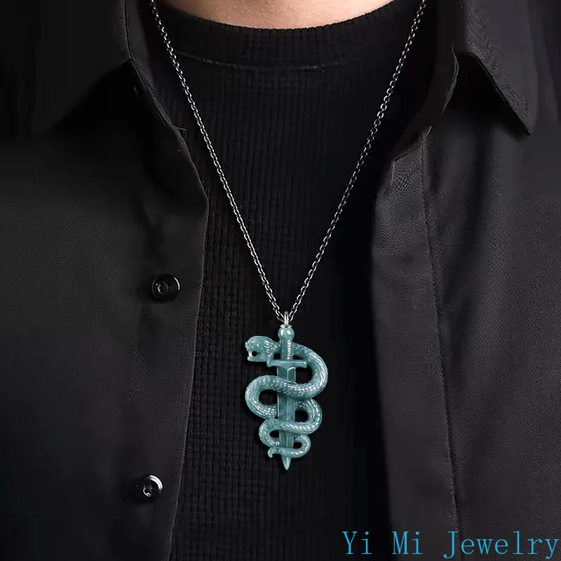 Natural A-goods Jadeite Year of The Snake Pendant Black Mamba Memorial Necklace Ice Jade Men and Women Models Hip-hop Pendant