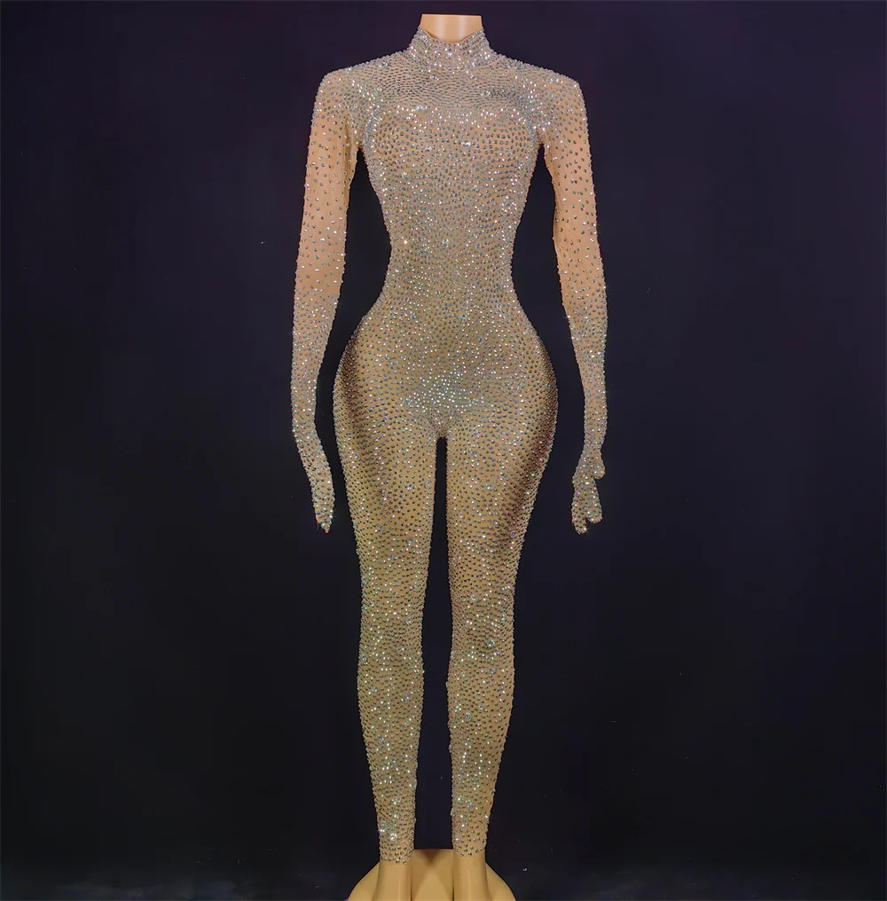

2025 Women Nightclub Rhinestone Jumpsuit Sexy Gogo Dance Cothes Long Sleeve Elastic Bodysuit With Glove luxury Glitter Costume