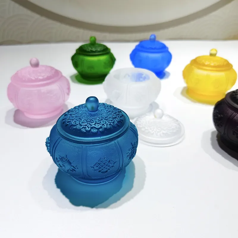 Vintage Glass Eight Auspicious Symbols Water Offering Cup Buddhist Altar Holy Water Purification Vessel Temple Ritual Bowl