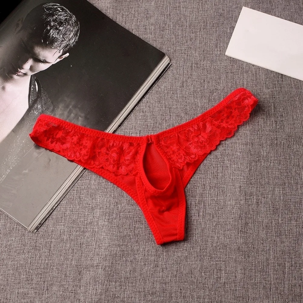 Low Waist Men Lace Hollow Thongs Underpants Lingerie Men's Sheer Lace Panties Open Bulge Pouch Underwear Male Briefs Summer