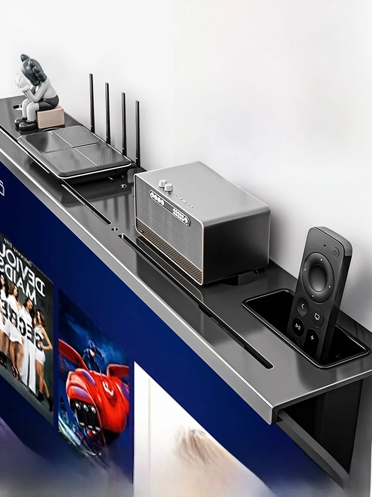 モダンなシンプルデザインの炭素鋼製テレビスタンド、トップシェルフ、ルーターサポートラック、穴あけ不要、収納オーガナイザー、ディスプレイシェルフ