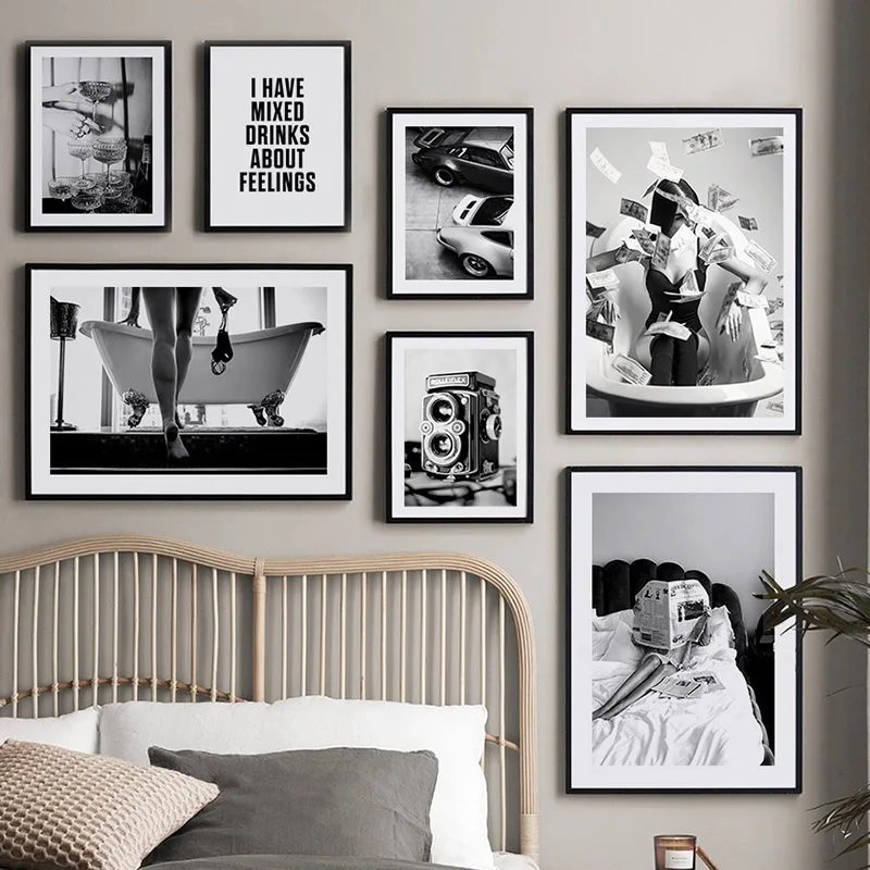 Black White Women Bathtub Camera Wall Art Canvas Painting Vintage Nordic Posters And Prints Pictures For Living Room Home Dec