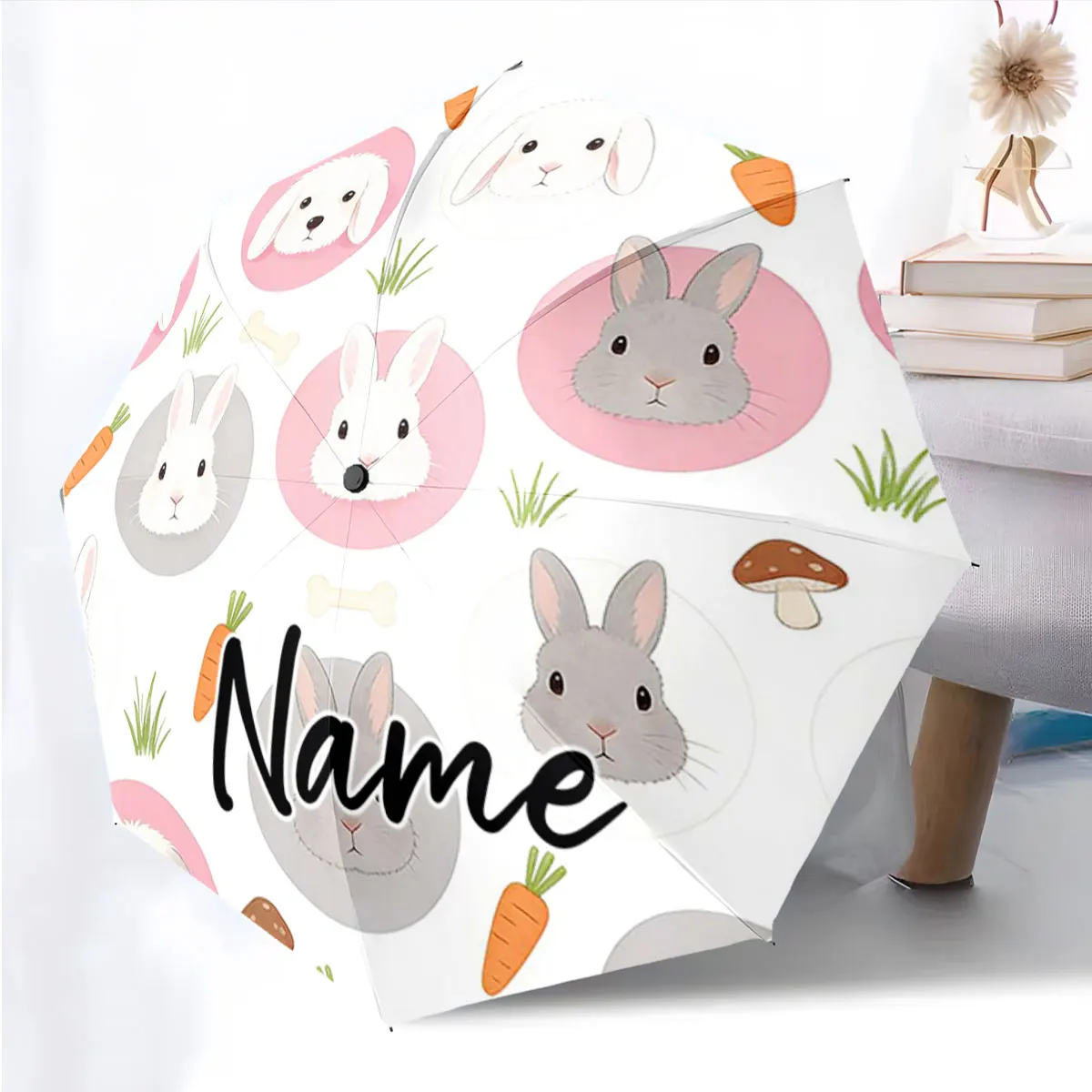 Custom Name Cute Rabbit and Carrot Umbrella Design Print 8 Iron Ribs Folding Umbrella Auto-Open Fashion Sunshade