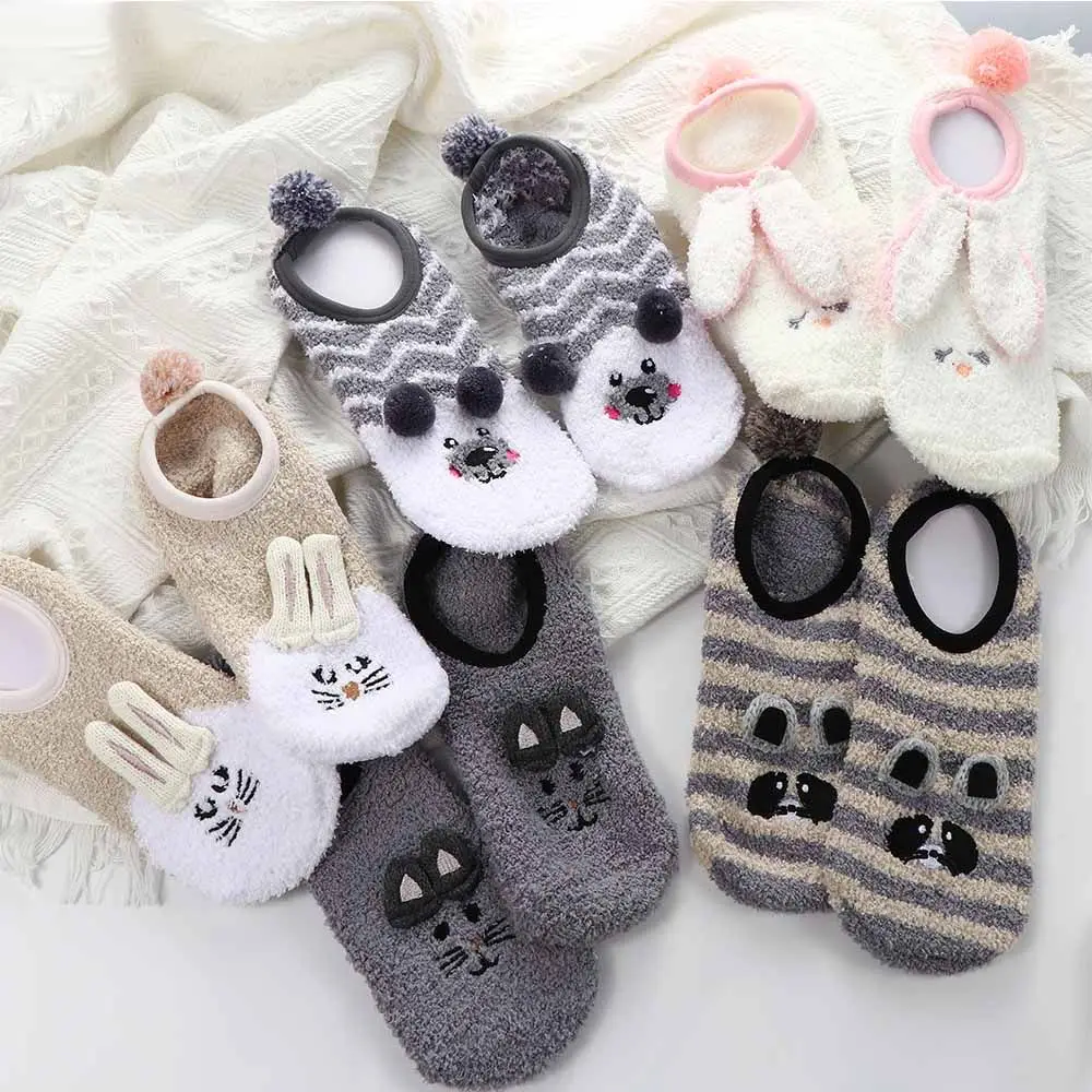 Thick Kawaii Cartoon Rabbit 3D Animal Coral Fleece For Girls Winter Hosiery Women Sleep Socks Floor Socks Korean Ankle Socks