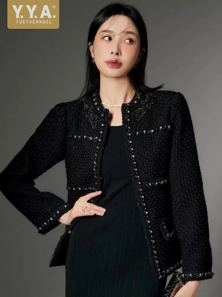 

Women Elegant Diamonds Beading Woolen Tweed Jacket Office Ladies Work Coat Brand Designer O Neck Autumn Party Jacket Outerwear