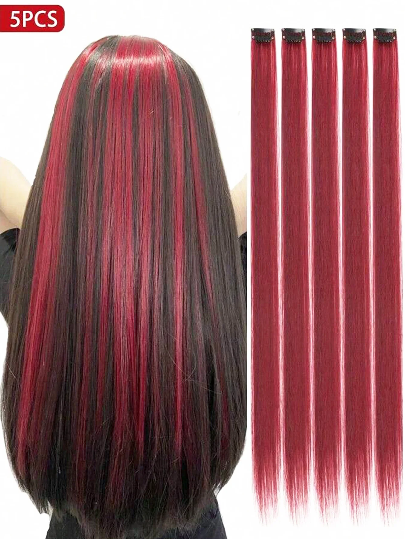 

5 Pcs 20 Inch Red Clip In Hair Extensions, Long Straight Synthetic Hairpieces for Women, Perfect for Halloween Cosplay, Christma