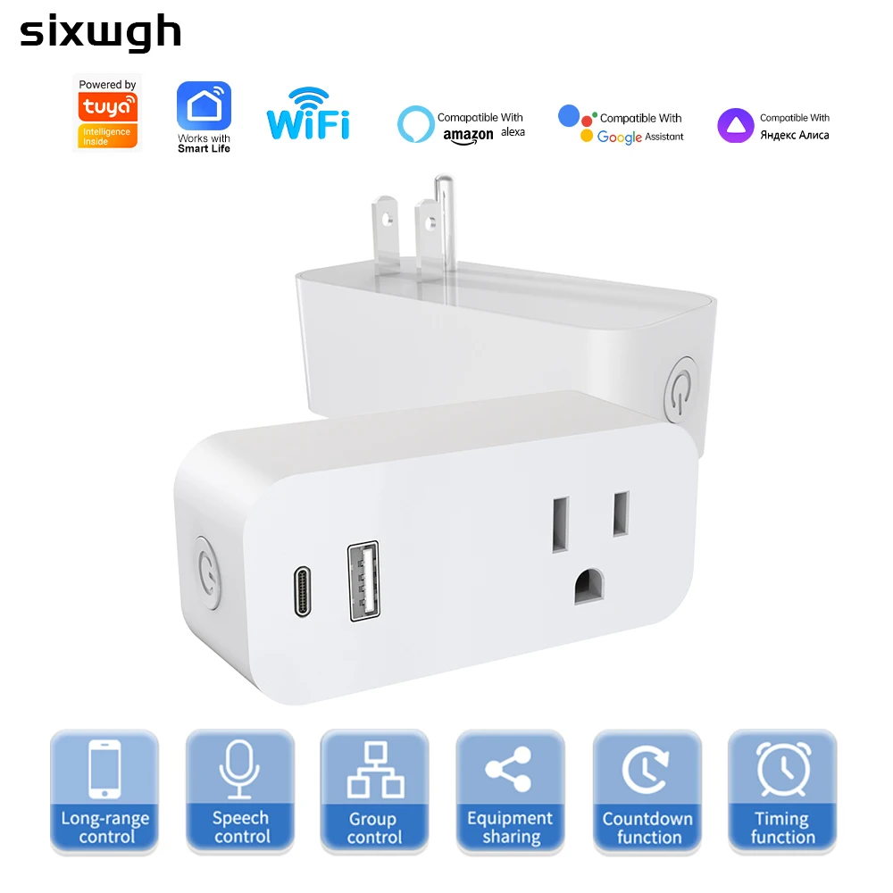 

Умная розетка Sixwgh стандартного американского типа с портами USB+C для зарядки, поддержкой приложения Tuya и голосовых помощников Alexa/Google Home