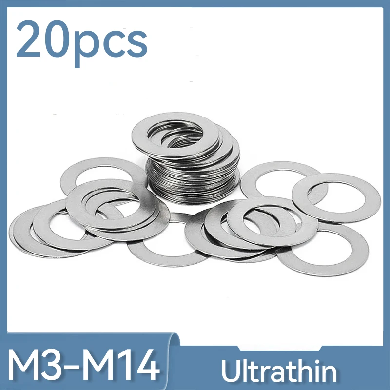 20szt/lot M3 M4 M5 M6 M8 M10 M12 M14 304 Ultra cienka płaska podkładka ze stali nierdzewnej Podkładka regulacyjna Uszczelka zwykła 0,1/0,2/0,3 mm