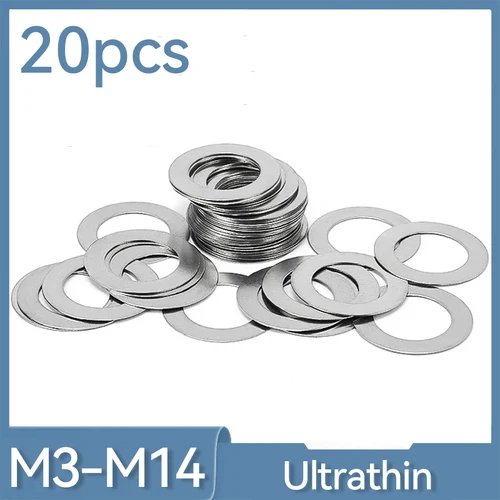 20 unids/lote M3 M4 M5 M6 M8 M10 M12 M14 304 arandela plana ultrafina de acero inoxidable junta plana de ajuste de cuña 0,1/ 0,2/ 0,3mm