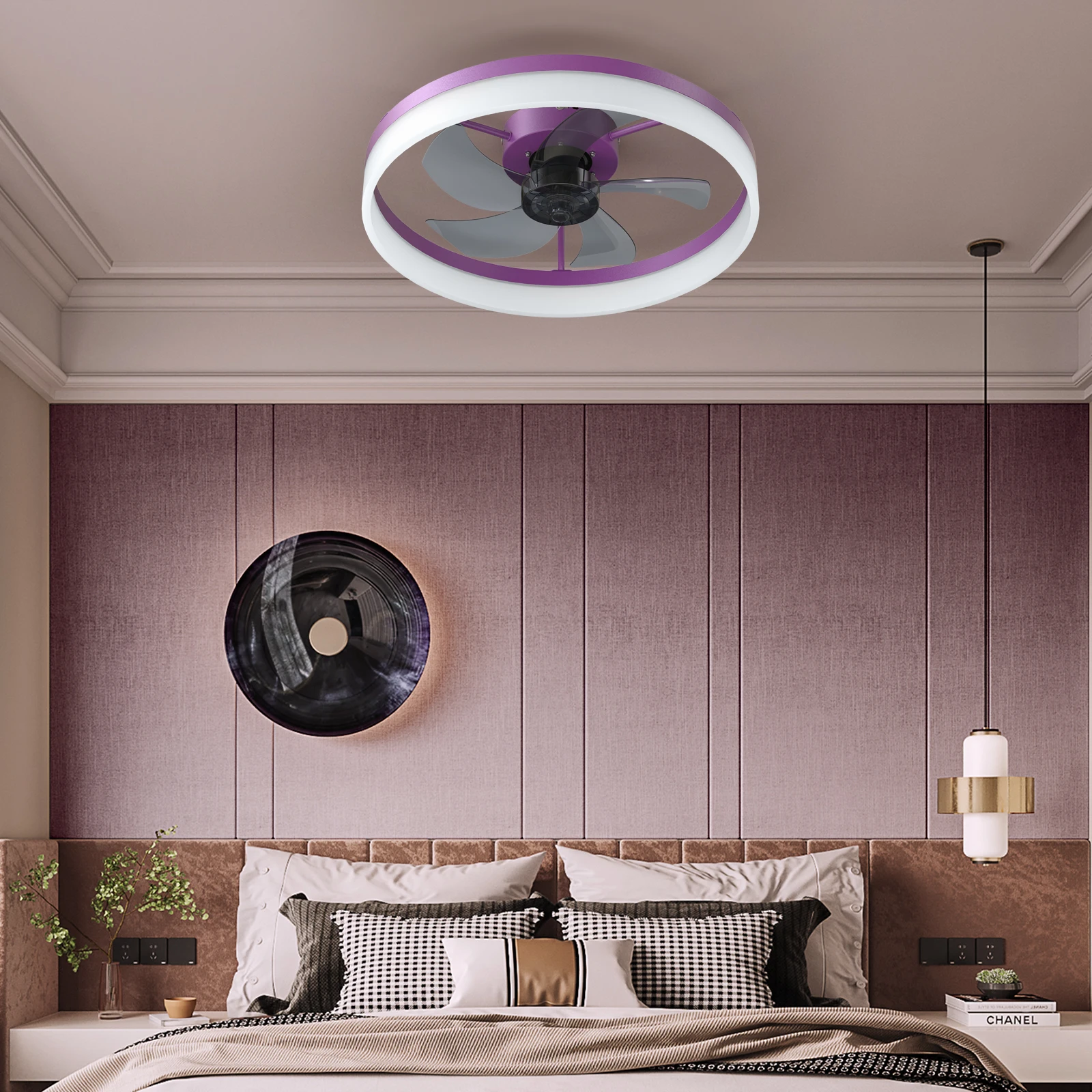 Modern Ceiling Fan with LED Light, Low-Profile Flush Mount,6-Speed Adjustable, Ideal for Bedroom and Living Room （Purple）