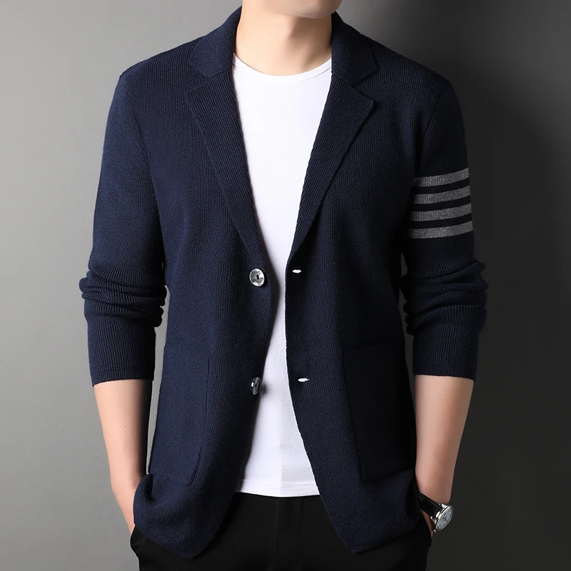 High end brand knitted cardigan men\'s 2023 spring and autumn new trend stripe Korean youth casual sweater coat men\'s clothing