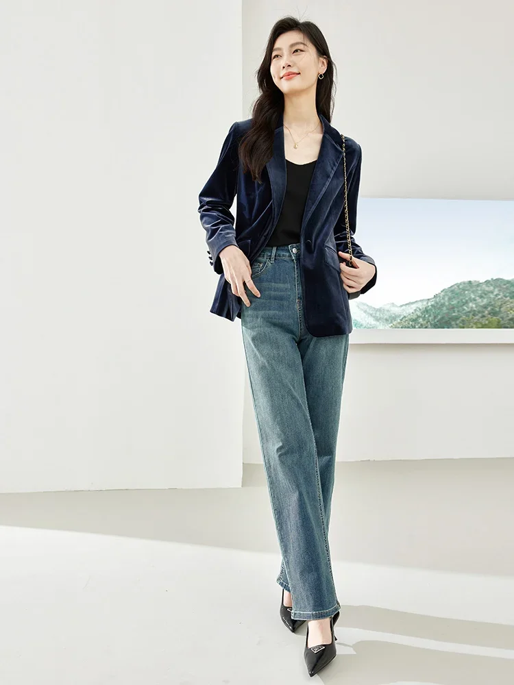 Vimly-Blazer en velours transparent pour femme, veste crantée bleue, vêtements d\'affaires et de bureau, vêtements d\'extérieur pour femme, printemps