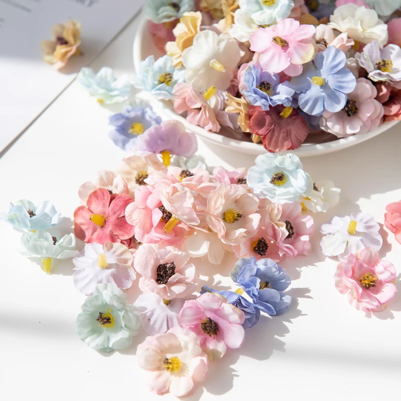 50PC Multicolor Artificial Flowers for Wedding Home Decoration Christmas Wreath Scrapbooking DIY Gifts Box Mini Silk Daisy Heads