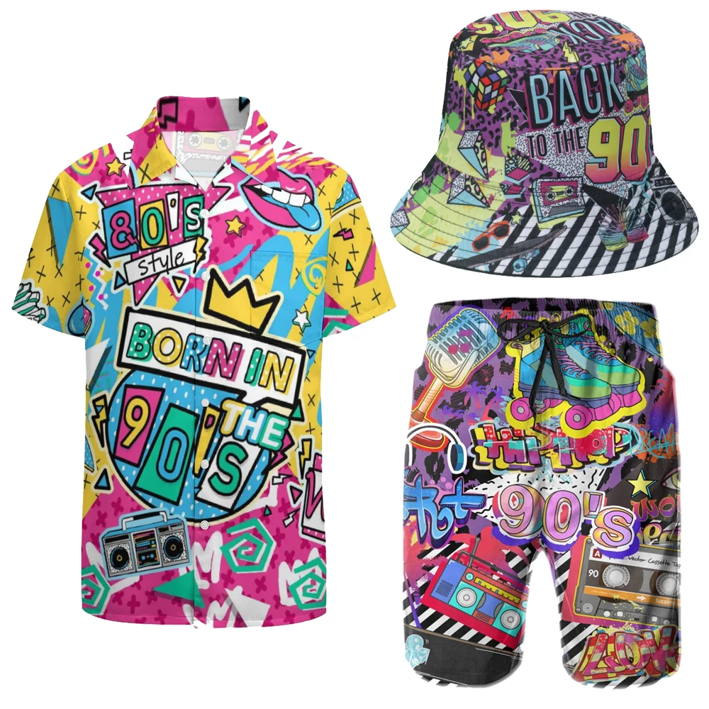 Adult Men\'s 2 Piece Tracksuit 80S 90S Outfit Printed V Neck Summer Beach Button Down 1980 Shirts Shorts Sets with Bucket Hats