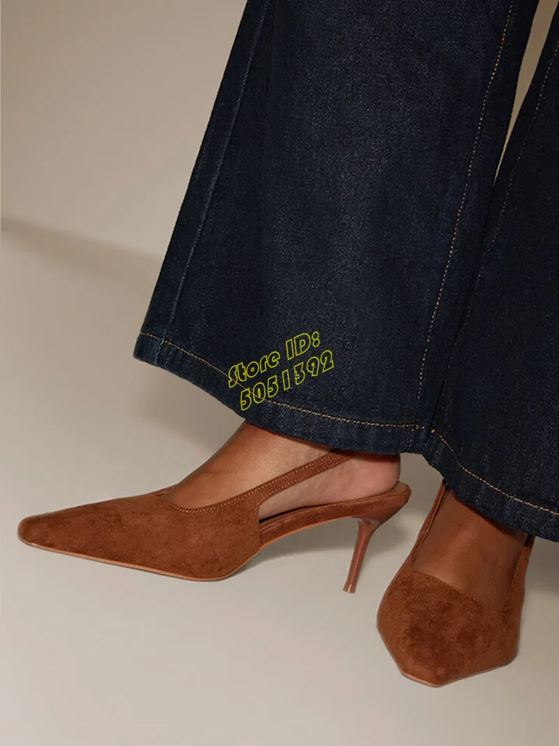 

Suede Back Strap Pumps Sexy Pointy Toe Slip On Runway 2026 Autumn Women Dress Shoes Shallow Solid Brown Yellow Handmade