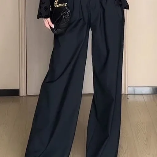 Black Design Wide-Leg Pants Women's Slimming Suit Pant Magic High Waist Loose Straight Drooping Mopping Casual Trousers