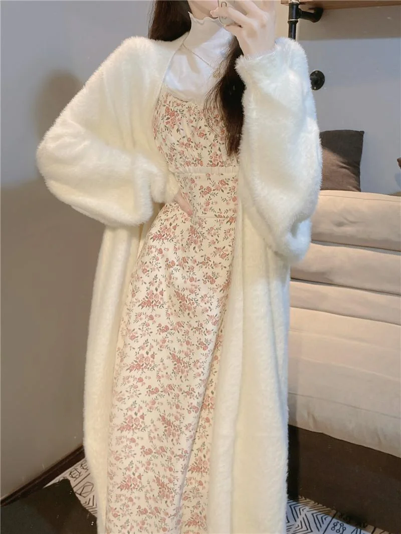 White Faux Mink Fur Knitted Coat for Women Mid to Long Pure Desire Style Loose and Lazy Winter Style Cardigan Sweater Thickened