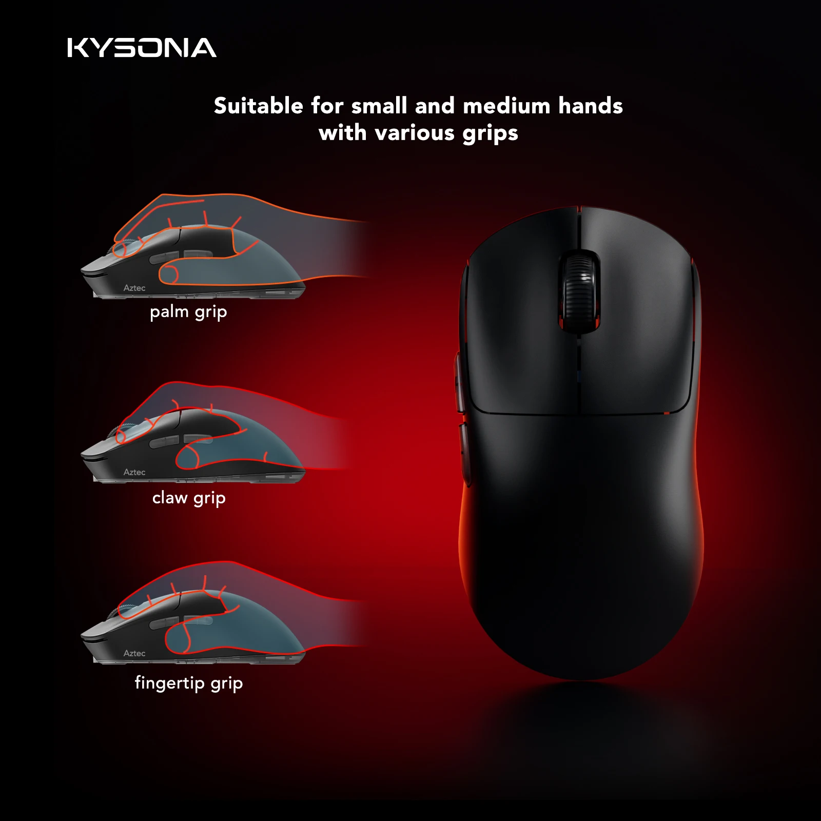KYSONA Aztec Black Gaming Mouse PAW3395 Wireless Mouse 55g Ultra-Light 26000DPI 90 Million Optical Computer Mice For Laptop PC