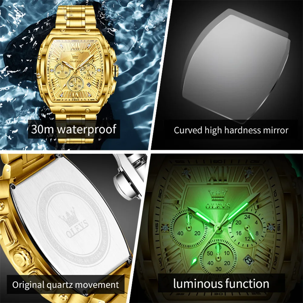 OLEVS 5639 New Men Watch Luxury Original Tonneau Watch Waterproof Luminous Automatic Date Chronograph Gold Men Quartz Watch