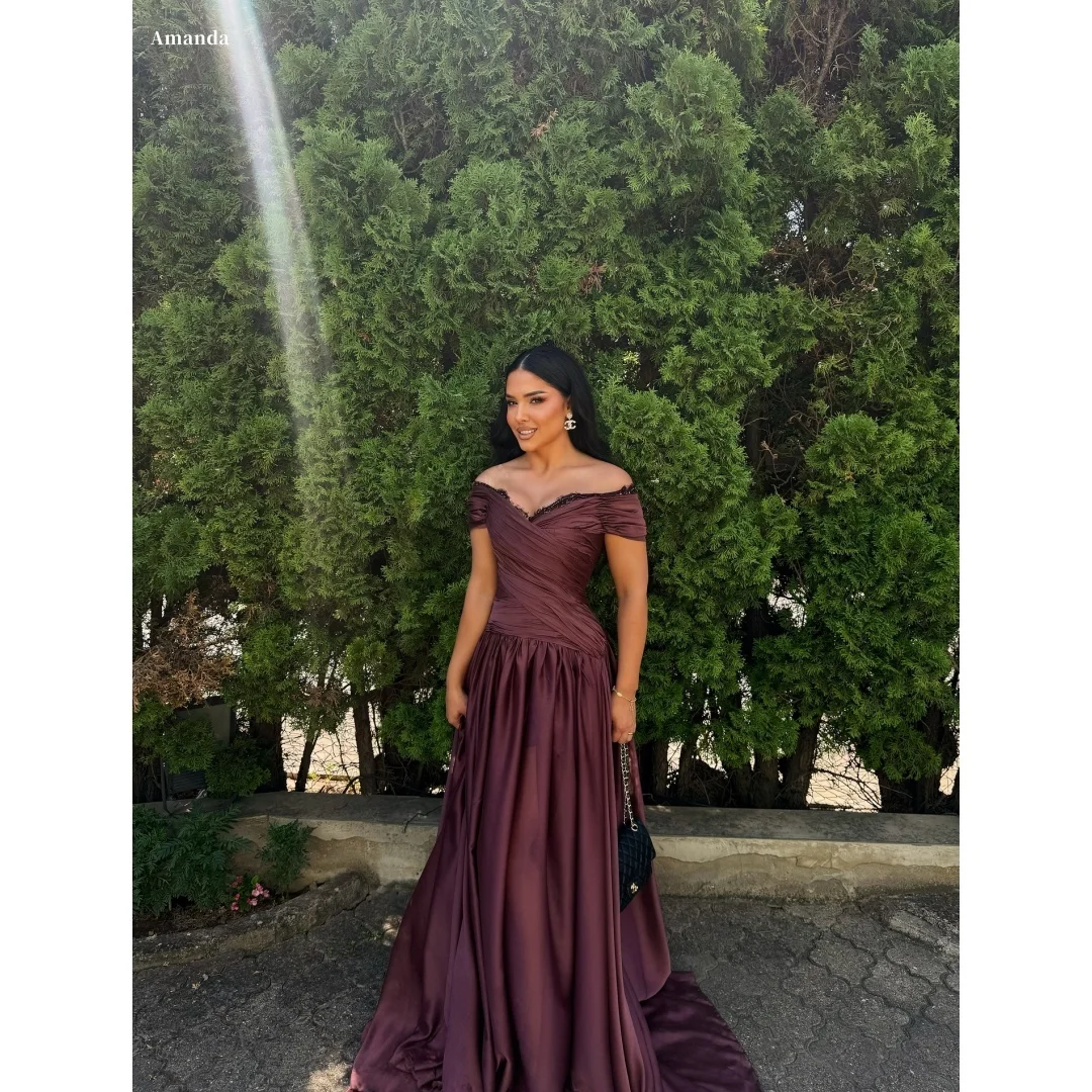 Amanda borgonha fora do ombro manga curta ruched personalizado formal noite cetim até o chão vestido com trem vestidos de gala