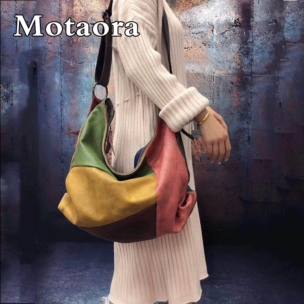 MOTAORA Large Women Patchwork Leather Shoulder Bag Luxury Designer Female Genuine Leather Crossbody Bags Girls Soft Hobo Handbag